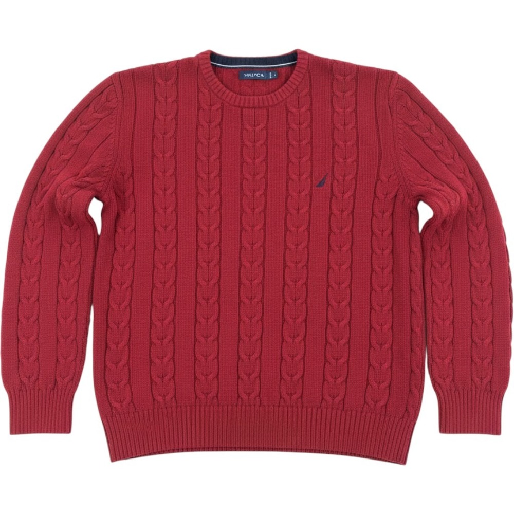 Nautica Sweater Large Red Cable Knit Cotton Crewneck Pullover Sailboat Logo